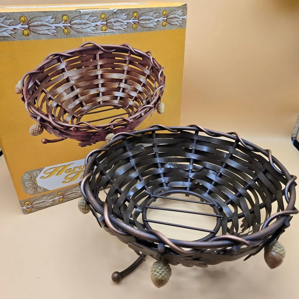 Harvest Time Copper Metal Basket Oak Leaf Acorn Woven Fruit Bowl Autumn Decor